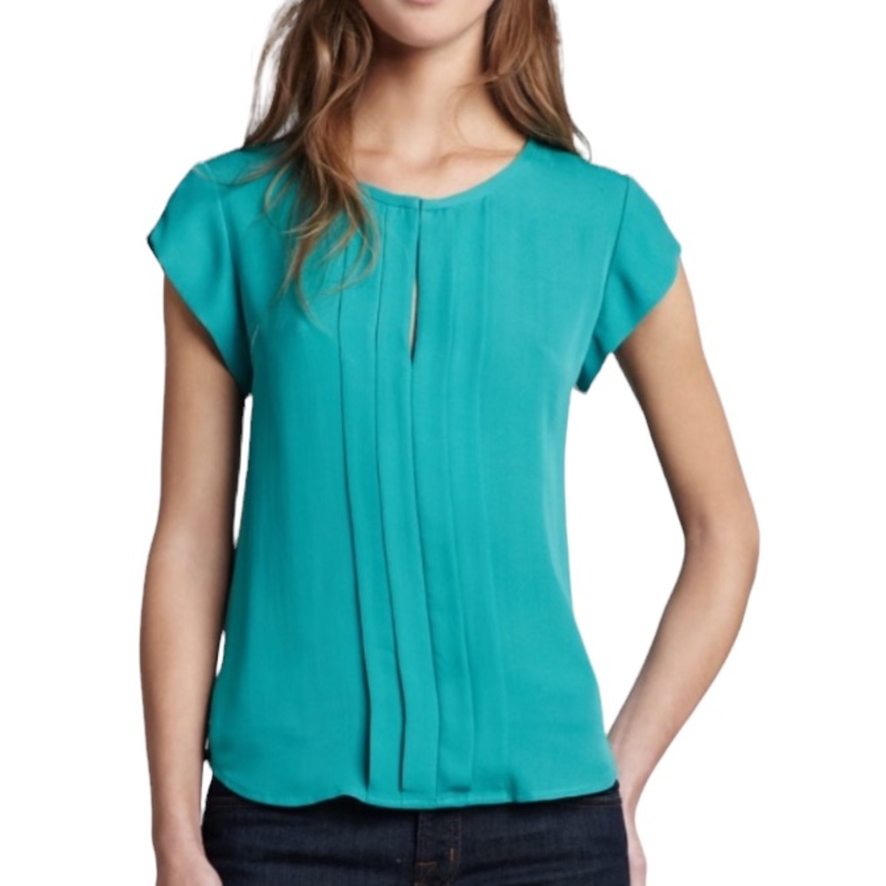 Joie Shanti Silk Teal Green Pleated Keyhole Opening Top - S